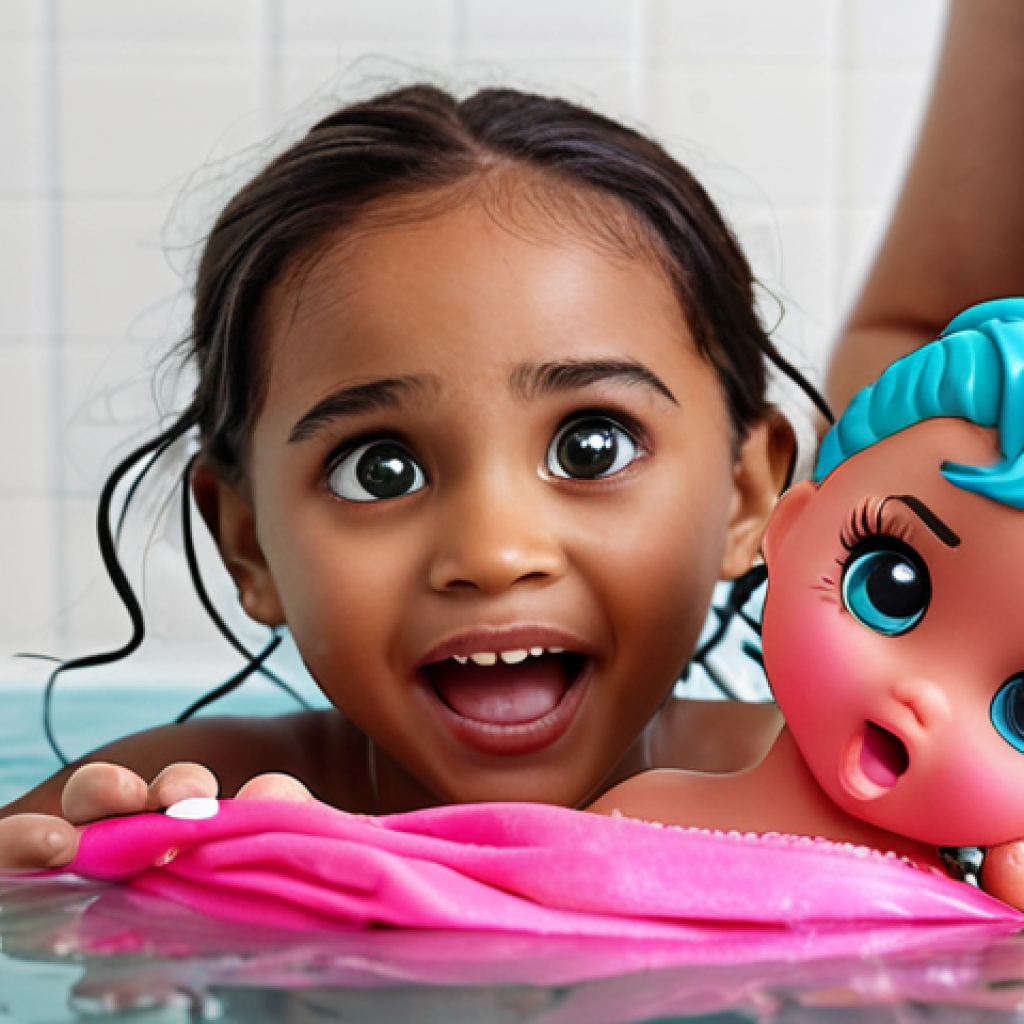 **

A child excitedly unwraps a LOL Surprise "Color Change" doll. Focus on the child's facial expression, conveying surprise and joy as the doll is submerged in cold water, visibly changing color. The background includes other LOL Surprise dolls and accessories, slightly blurred, to emphasize the main subject.

**