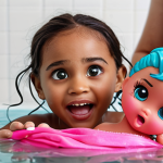 **

A child excitedly unwraps a LOL Surprise "Color Change" doll. Focus on the child's facial expression, conveying surprise and joy as the doll is submerged in cold water, visibly changing color. The background includes other LOL Surprise dolls and accessories, slightly blurred, to emphasize the main subject.

**
