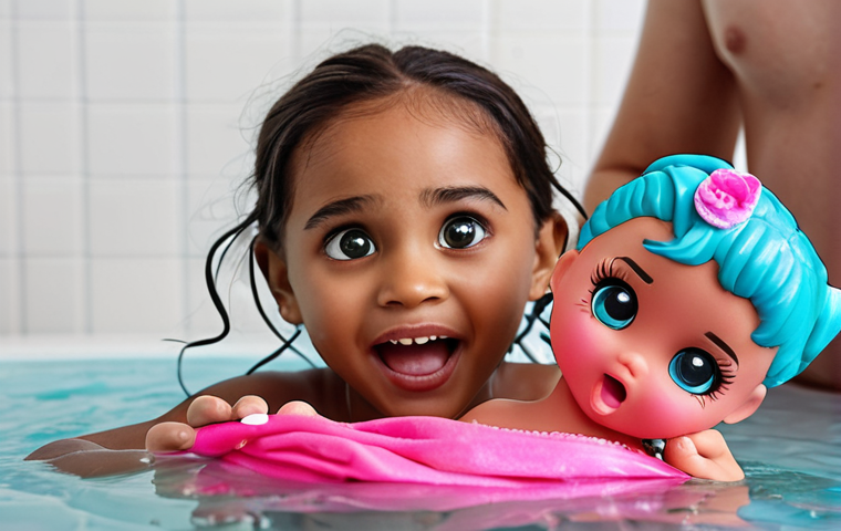 **

A child excitedly unwraps a LOL Surprise "Color Change" doll. Focus on the child's facial expression, conveying surprise and joy as the doll is submerged in cold water, visibly changing color. The background includes other LOL Surprise dolls and accessories, slightly blurred, to emphasize the main subject.

**