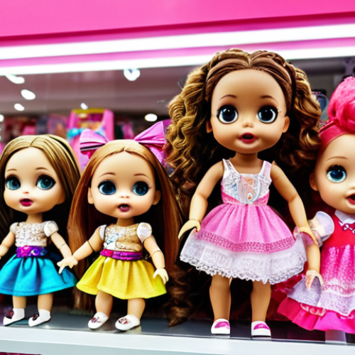 Home 25 A vibrant display of LOL Surprise! dolls in a toy store in Poland, with children excitedly reaching for them. Focus on popular models with glitter and unique outfits.