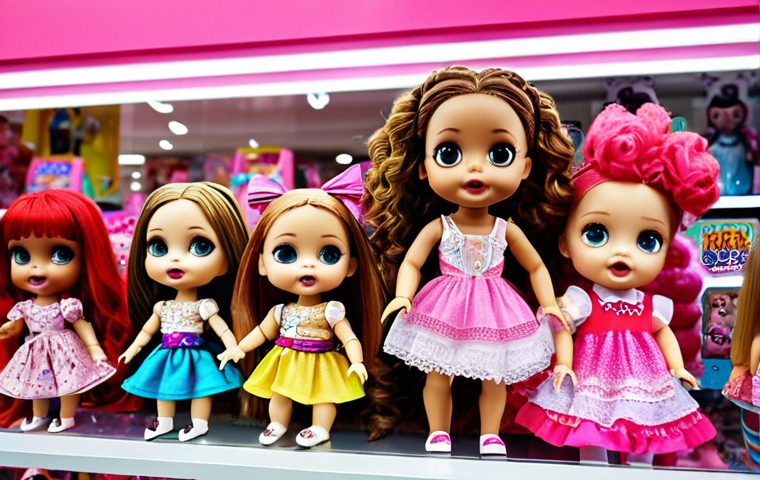 A vibrant display of LOL Surprise! dolls in a toy store in Poland, with children excitedly reaching for them. Focus on popular models with glitter and unique outfits.