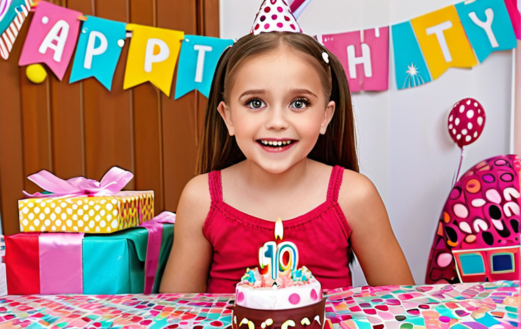 **A little Polish girl, Zuzia, excitedly unboxing her first LOL Surprise doll on her birthday, surrounded by colorful wrapping paper and decorations. Her eyes are wide with joy, reflecting the bright colors of the doll and its accessories. The room is decorated for a birthday party, with "Sto Lat!" (Happy Birthday) banner in the background.** (This prompt focuses on the personal story and Polish cultural context.)