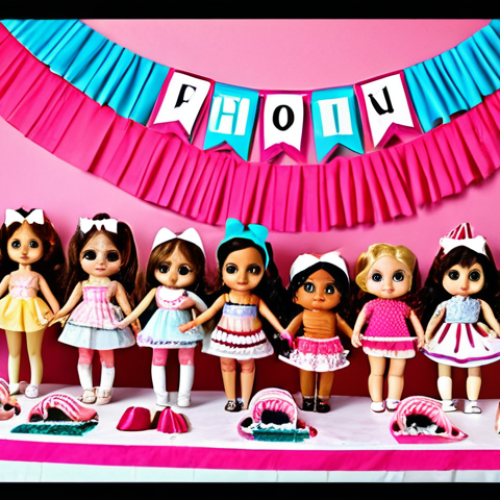 Home 9 **
A group of children are engaged in a DIY fashion show with LOL Surprise dolls. The background should be vibrant, with DIY decorations like streamers and handmade banners. Use the tag "fashion show," "DIY", "children's party".
**
