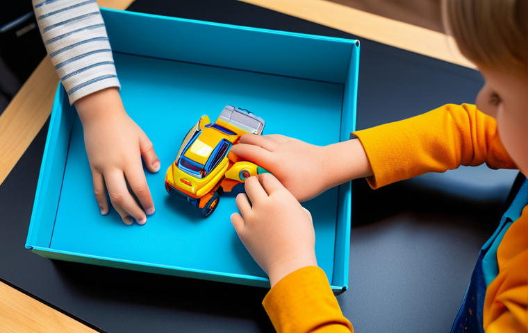 A child's hands, fully clothed in long-sleeved, modest attire, are carefully engaged in the multi-layered unboxing of a collectible toy. The scene is brightly lit on a clean, professional tabletop, revealing vibrant, colorful packaging layers and small, appropriate accessories. Focus on the sense of wonder and discovery. Professional photography, high detail, soft lighting, safe for work, appropriate content, fully clothed, family-friendly, perfect anatomy, correct proportions, natural pose, well-formed hands, proper finger count, natural body proportions.