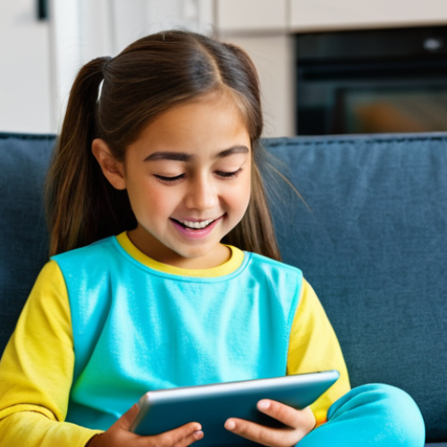 Home 25 A young child, a girl, dressed in comfortable, modest, and appropriate attire, is deeply engaged with a tablet, looking at the screen with an excited and focused expression. She is seated comfortably in a bright, modern living room. The tablet screen subtly illuminates her face, displaying a vibrant, colorful, and fantastical virtual world game interface. fully clothed, modest clothing, appropriate attire, family-friendly, perfect anatomy, correct proportions, natural pose, well-formed hands, proper finger count, natural body proportions, safe for work, appropriate content, high quality, professional studio lighting, vibrant colors.