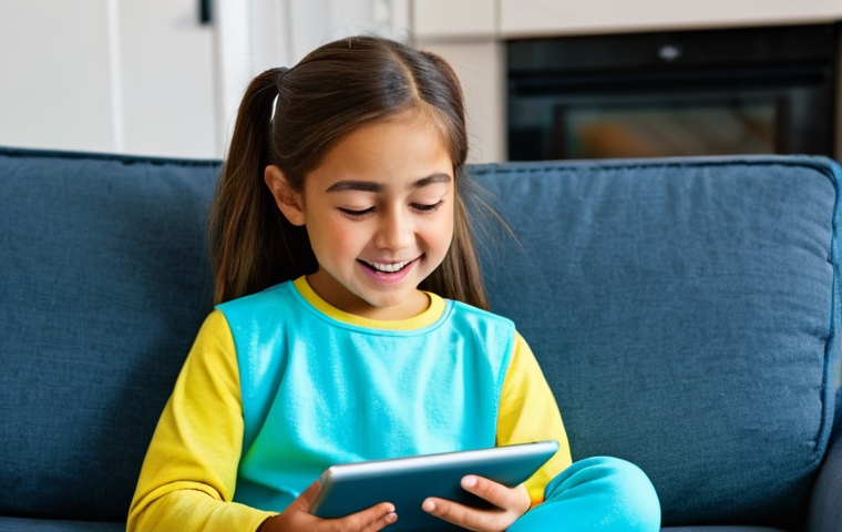 A young child, a girl, dressed in comfortable, modest, and appropriate attire, is deeply engaged with a tablet, looking at the screen with an excited and focused expression. She is seated comfortably in a bright, modern living room. The tablet screen subtly illuminates her face, displaying a vibrant, colorful, and fantastical virtual world game interface. fully clothed, modest clothing, appropriate attire, family-friendly, perfect anatomy, correct proportions, natural pose, well-formed hands, proper finger count, natural body proportions, safe for work, appropriate content, high quality, professional studio lighting, vibrant colors.