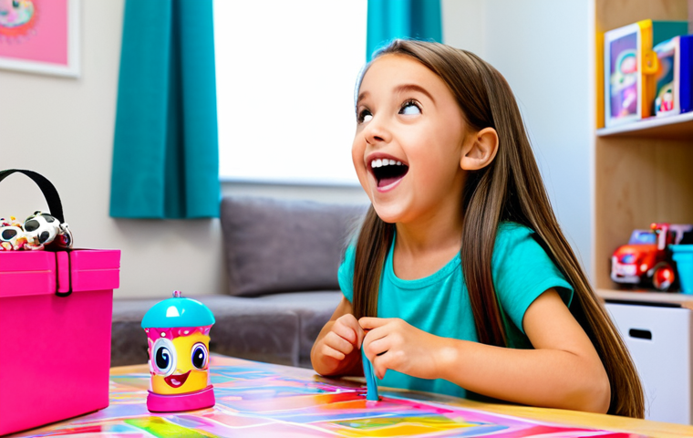 Unboxing Excitement**
A young girl, around 7 years old, with bright, happy eyes, excitedly opening a LOL Surprise! toy. She is sitting at a table in a brightly lit playroom, surrounded by other toys. The focus is on the joy and anticipation on her face. Fully clothed in a colorful, age-appropriate outfit. Safe for work, appropriate content, modest, family-friendly. Perfect anatomy, correct proportions, natural pose, well-formed hands, proper finger count, natural body proportions.
**